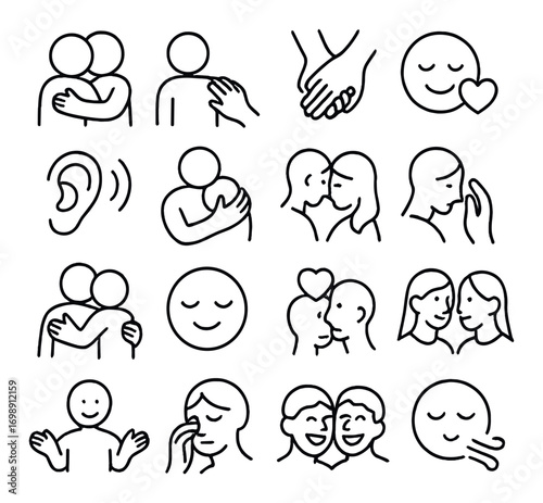 Relationship and emotions linear icon set. featuring hugging, support, love, listening, empathy, and friendship symbols
