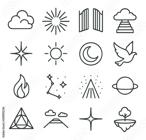 Spiritual symbols linear icon set. featuring cloud, sun, moon, star, dove, flame, constellation, pyramid, halo, and planet icons