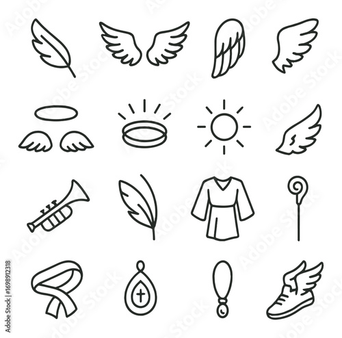 Christian icon linear set. featuring angel, wings, halo, sun, trumpet, robe, staff, and sandal symbols