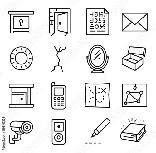 Household and office linear icon set. featuring safe, mail, mirror, map, phone, box, and security camera symbols