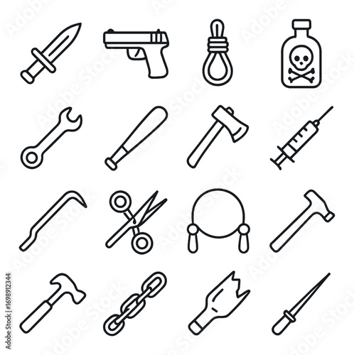 Danger and tools linear icon set. featuring knife, gun, rope, poison, wrench, bat, axe, syringe, crowbar, scissors, nunchucks.