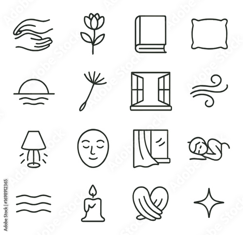 Wellness and relaxation linear icon set. featuring hands, flower, book, pillow, sunset, dandelion, window, lamp, face, sleeping, candle, heart, star