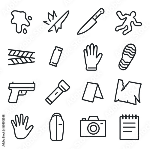 Crime scene linear icons set. featuring blood, knife, victim, tape, glove, footprint, gun, flashlight, and map symbols