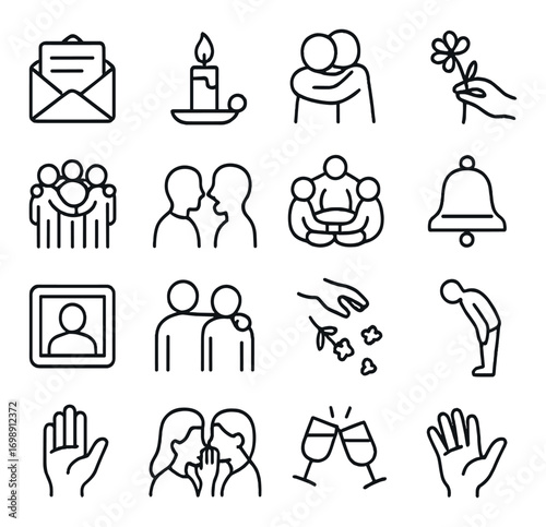 Relationship and communication linear icon set. featuring email, candle, hug, flower, teamwork, bell, photo