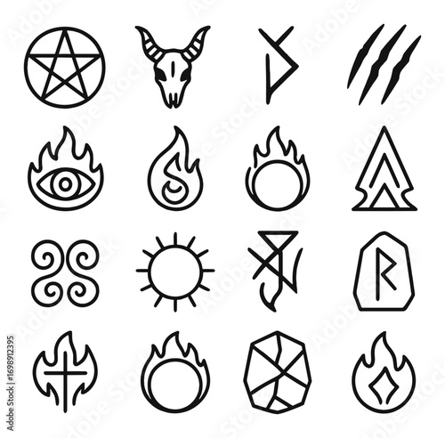 Mystical symbols linear icon set. featuring pentagram, skull, runes, scratches, flames, sigils, and sun icons