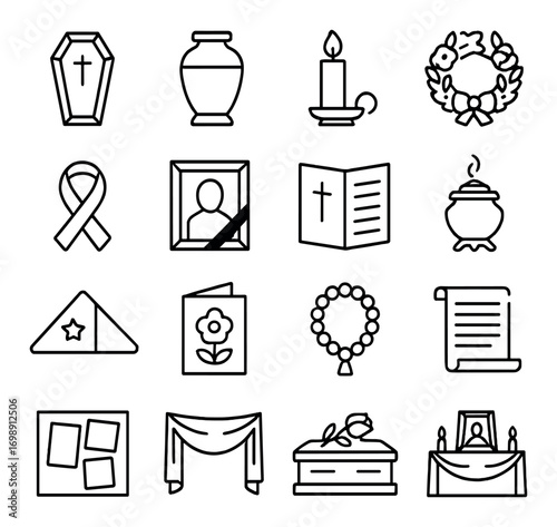 Funeral and memorial linear icon set. featuring coffin, urn, candle, wreath, ribbon, and portrait symbols