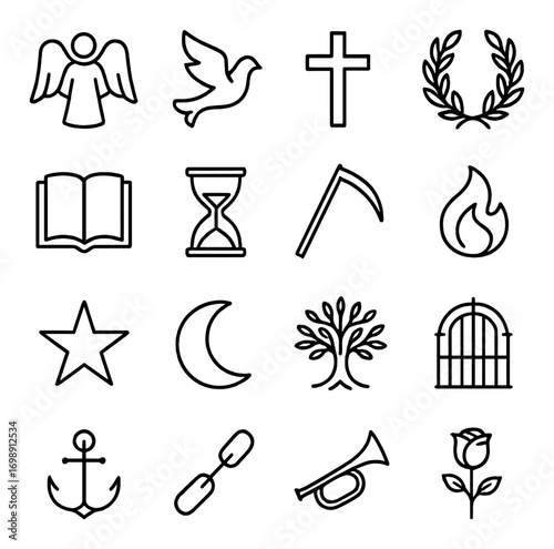 Funeral and memorial linear icon set. featuring angel, dove, cross, wreath, book, and hourglass symbols