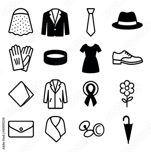 Fashion and accessories linear icon set. featuring dress, suit, tie, hat, gloves, bracelet, shoe, and more