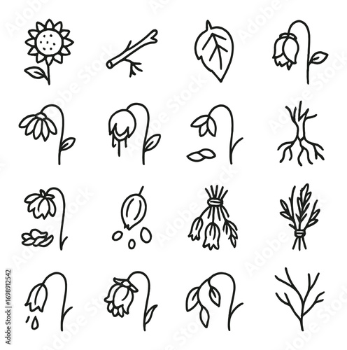 Gardening elements linear icon set. featuring sunflower, branch, leaf, flower, roots, seeds, and bouquet symbols