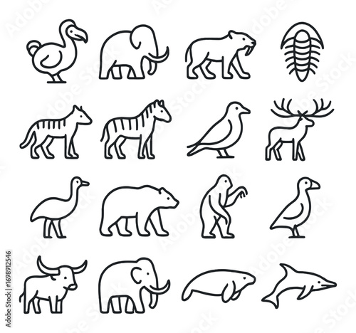 Extinct animals linear icon set. featuring mammoth, dodo, saber-toothed tiger, trilobite, moa, and dire wolf