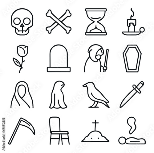 Halloween and death linear icon set. featuring skull, tombstone, ghost, hourglass, and scythe symbols