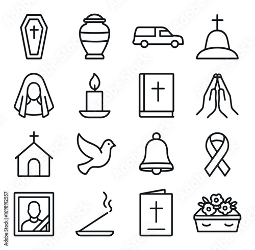 Funeral linear icon set. featuring coffin, urn, hearse, grave, candle, prayer, church, dove, bell, ribbon