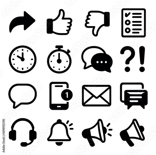Communication and notification silhouette icon set. featuring message, email, phone, checklist, and megaphone icons