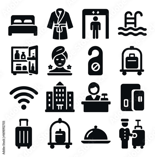 Hotel amenities silhouette icon set. featuring bed, robe, metal detector, pool, minibar, and room service