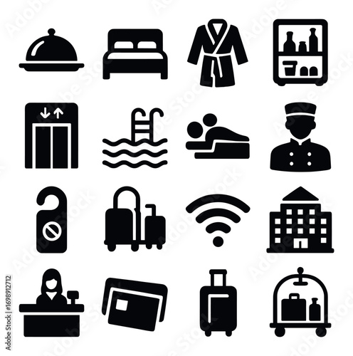 Hospitality silhouette icon set. featuring hotel, room service, swimming pool, luggage, and concierge symbols