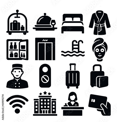 Hotel and hospitality silhouette icon set. featuring luggage, room service, bed, elevator, pool, and more