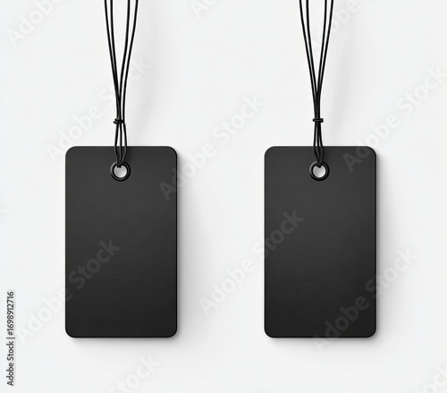 Two identical, blank, black price tags hang from thin black cords