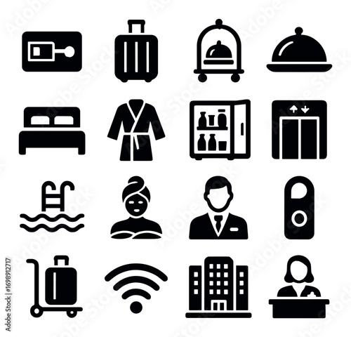 Hotel and hospitality silhouette icon set. featuring luggage, bed, elevator, pool, reception, and dining symbols