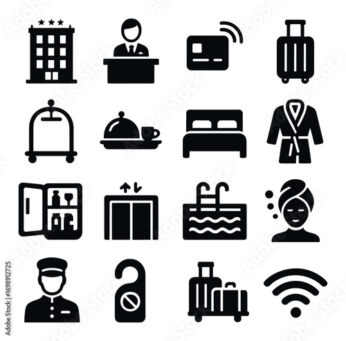 Hotel services silhouette icon set. featuring reception, credit card, luggage, bellhop, room service, bed, robe, minibar, elevator, pool, spa, concierge, do not disturb, baggage, wi-fi
