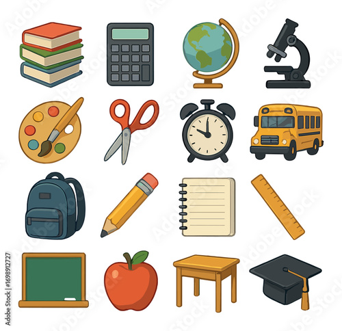 Education flat icon set. featuring books, calculator, globe, microscope, palette, scissors, and school bus