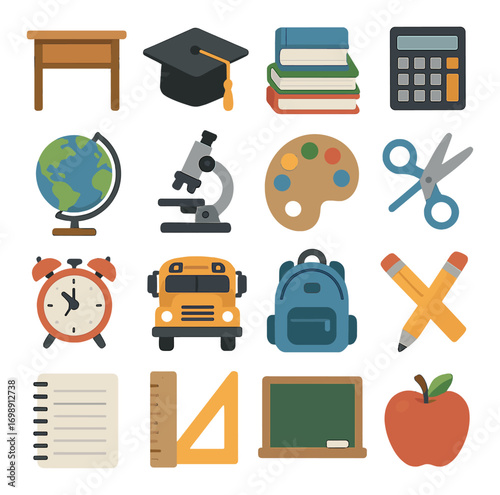 Education flat icon set. featuring desk, graduation cap, books, calculator, globe, microscope, palette, scissors