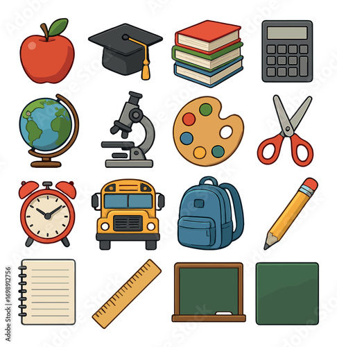 Education flat icons set. featuring globe, backpack, notebook, calculator, bus, apple, and more