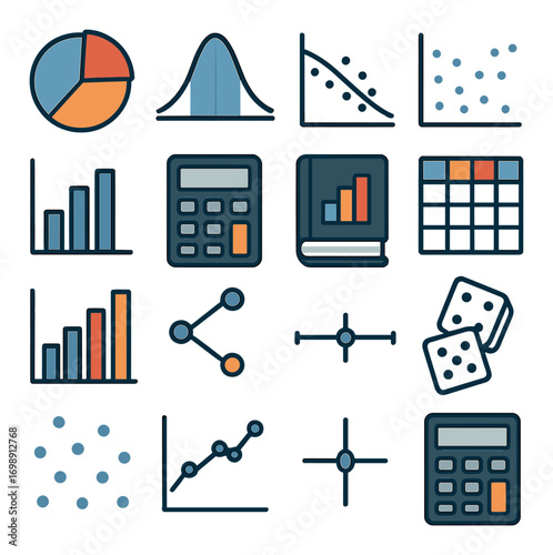 Data analysis flat icons set. featuring calculator, chart, graph, statistics, distribution, scatter plot, and histogram.