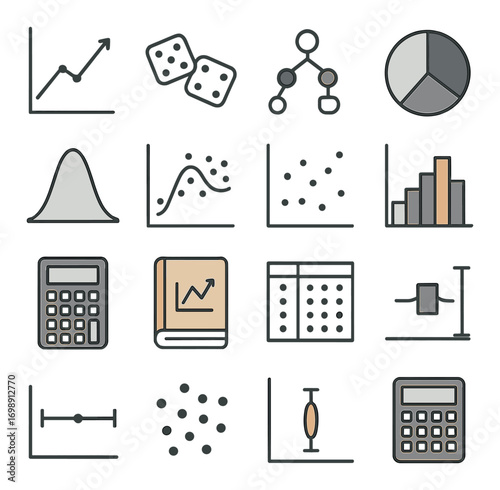Statistics and data analysis flat icon set. featuring graph, dice, hierarchy, pie chart, histogram, calculator, logbook