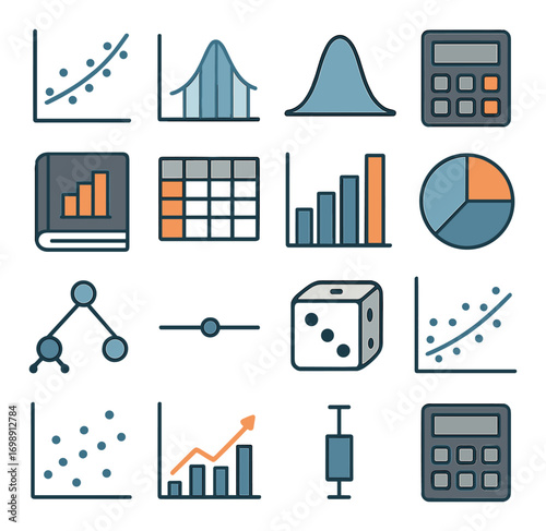 Statistics and math flat icon set. includes graph, diagram, calculator, book, dice, and chart symbols