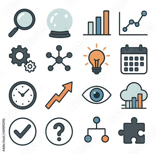 Business and analytics flat icon set. featuring graph, magnifier, gear, calendar, clock, light bulb, and puzzle symbols