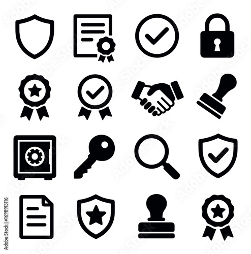 Business and security flat icon set. featuring shield, certificate, checkmark, lock, handshake, stamp, key, and magnifier symbols