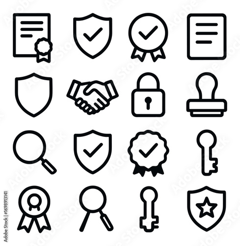 Security and certification linear icons set. featuring badge, checkmark, shield, lock, magnifying glass, and key symbols