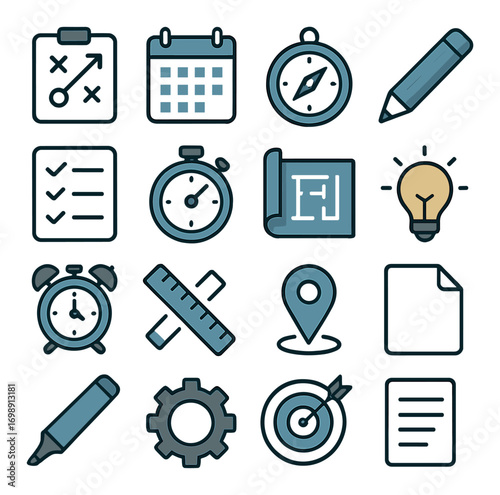 Office and planning linear icon set. featuring calendar, compass, pencil, checklist, stopwatch, blueprint, and light bulb symbols