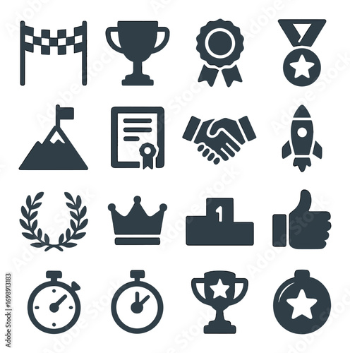 Achievement and success silhouette icon set. featuring trophy, medal, certificate, handshake, rocket, and laurel symbols