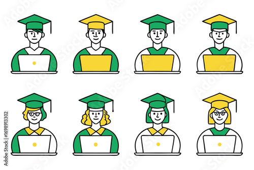 Diverse graduates using laptops in green and yellow academic attire graduation students