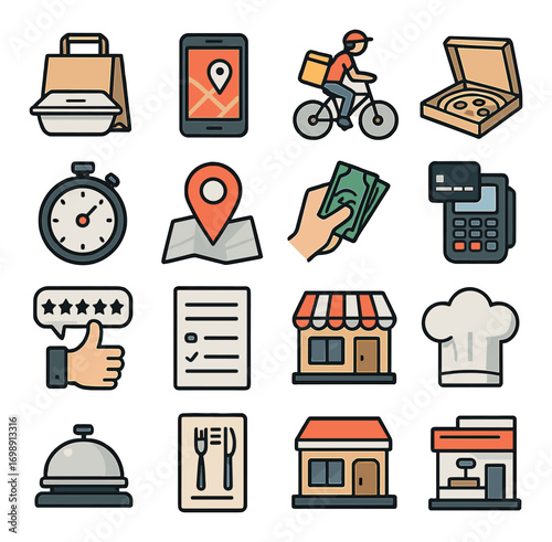 Food delivery flat icons set. featuring bike, pizza, stopwatch, payment, rating, restaurant, chef, and order symbols