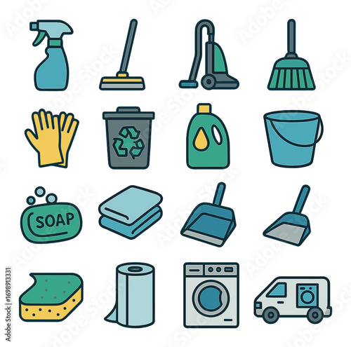 Cleaning tools flat icon set. featuring spray bottle, mop, vacuum, broom, gloves, bin, detergent, and bucket icons
