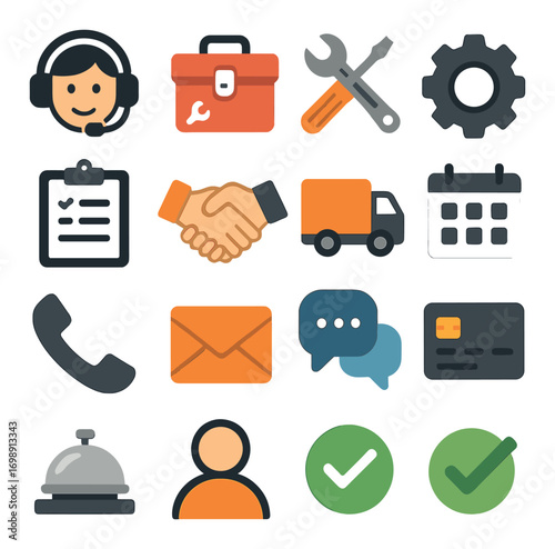 Business services flat icon set. featuring customer support, briefcase, tools, gear, checklist, and handshake symbols