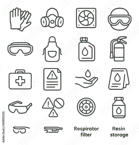 Safety equipment linear icon set. featuring gloves, mask, fan, goggles, apron, fire extinguisher, first-aid, manual