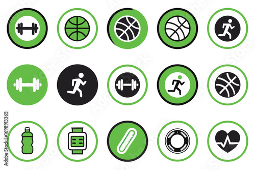 Fitness icons dumbbell basketball runner water bottle smartwatch heart rate monitor running man
