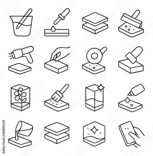 Silhouette resin crafting icons set. featuring mixing, pouring, curing, polishing, and sealing symbols