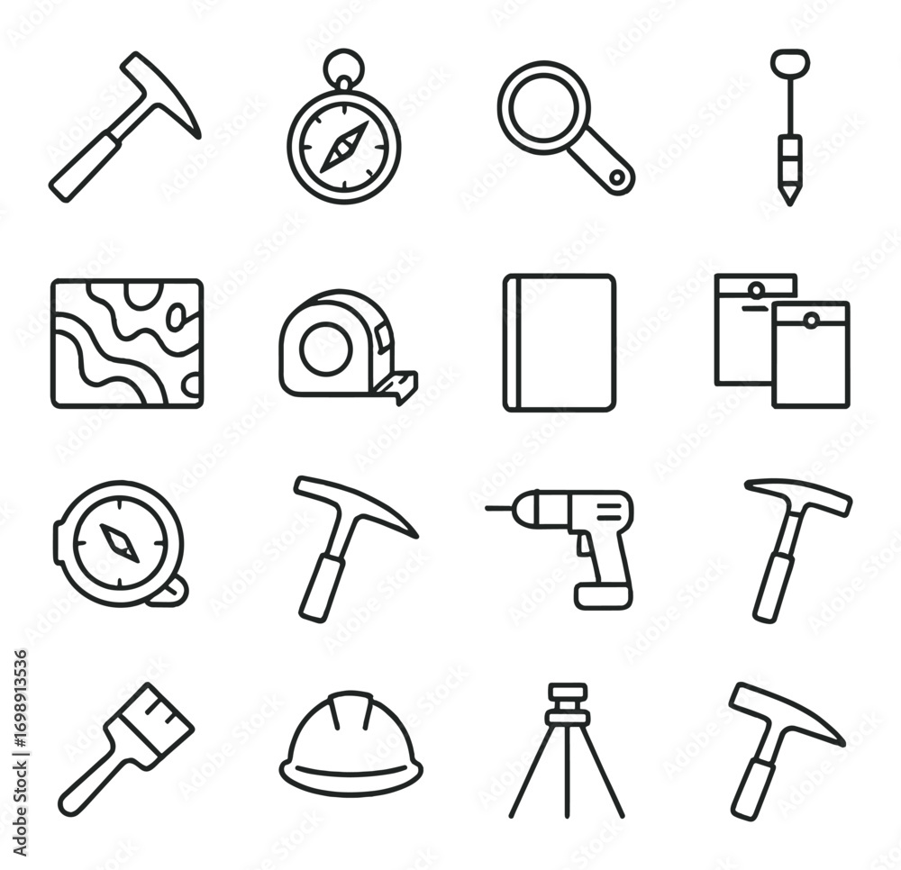 Fototapeta premium Construction tools linear icon set. featuring compass, magnifier, hammer, map, drill, hard hat, and level symbols
