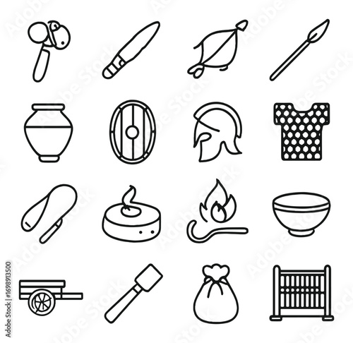 Ancient warfare linear icon set. featuring axe, knife, bow, spear, shield, helmet, armor, catapult