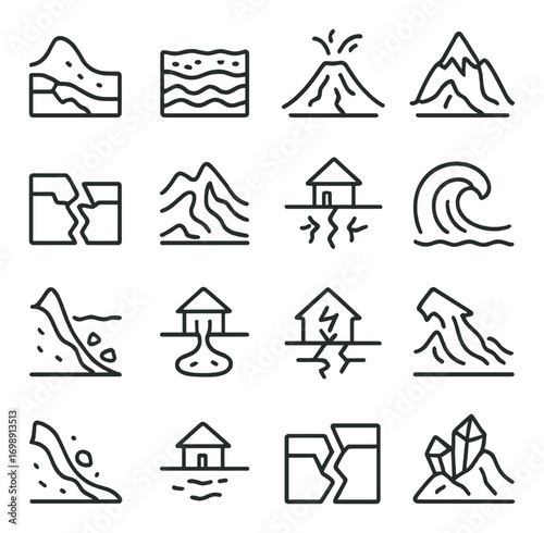 Natural disasters linear icon set. featuring earthquake, tsunami, landslide, volcano, and flood symbols