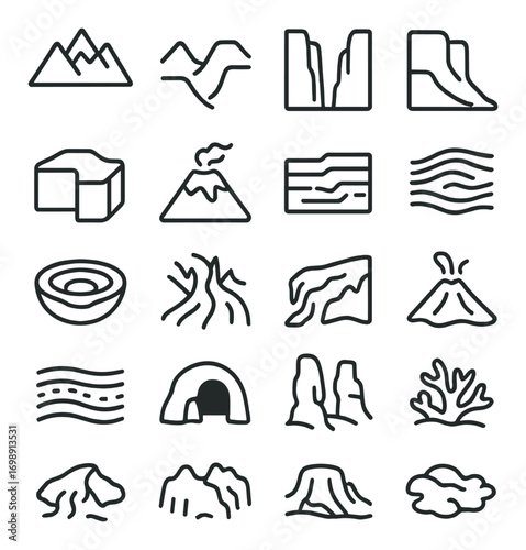 Geological formations linear icon set. featuring mountain, canyon, volcano, waves, cave, and plateau symbols