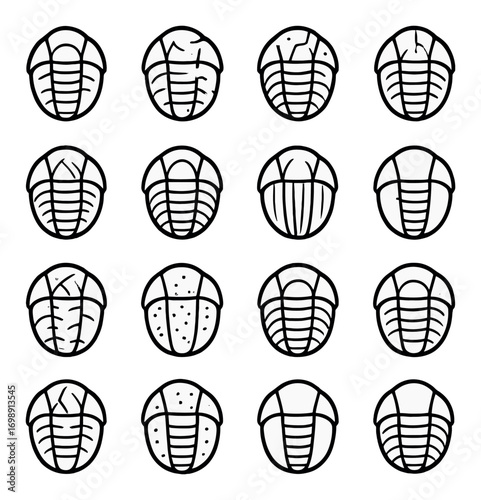 Insect shell linear icon set. featuring trilobite, segmented shell, fossil, arthropod, ancient, and exoskeleton symbols
