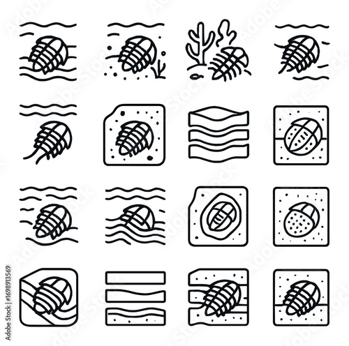 Nautical linear icon set. featuring trilobites, waves, sand, ocean, fossil, layers, sediment, and geology symbols