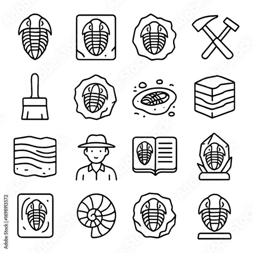 Paleontology linear icon set. featuring trilobite, brush, fossil, hammer, geologist, ammonite, rock, and book symbols