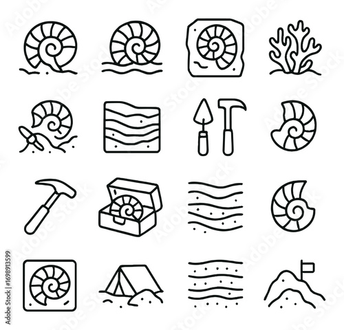 Geology and fossils linear icons set. featuring ammonite, coral, sediment, tools, and excavation symbols