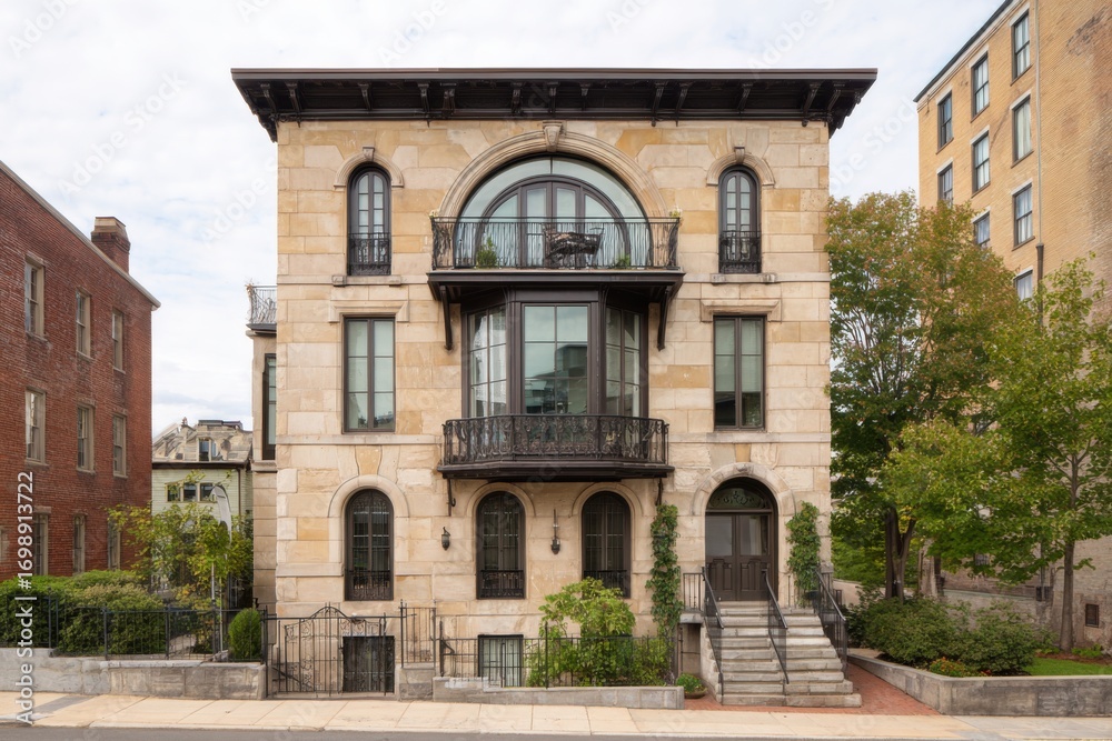Fototapeta premium Stately residence showcasing elegant architecture in a historic urban neighborhood with a well-manicured garden and stylish balcony